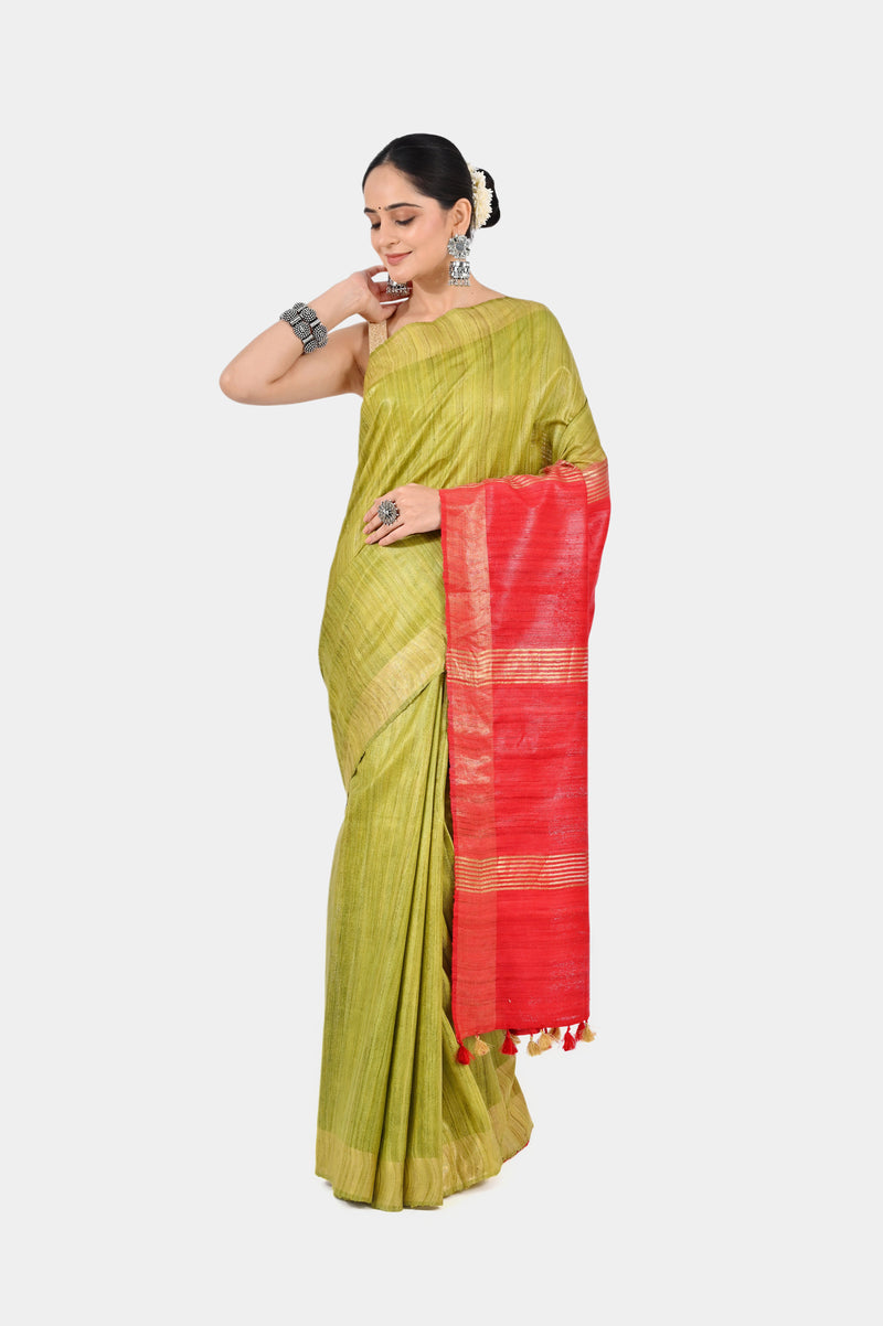Vibrant Olive Green Ghicha Silk Saree with Zari & Red Pallu