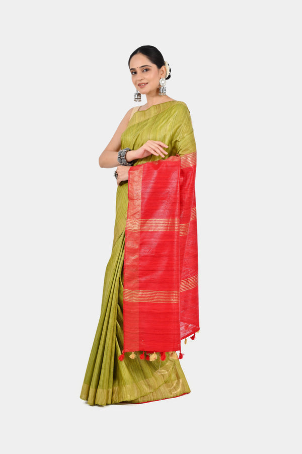 Vibrant Olive Green Ghicha Silk Saree with Zari & Red Pallu