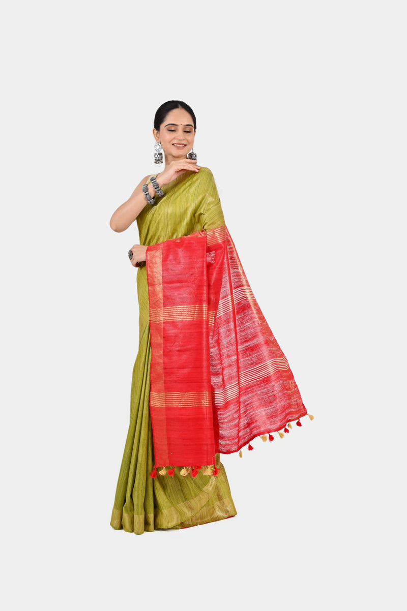 Vibrant Olive Green Ghicha Silk Saree with Zari & Red Pallu