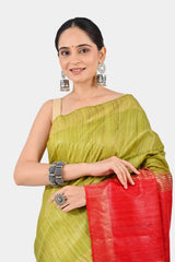 Vibrant Olive Green Ghicha Silk Saree with Zari & Red Pallu