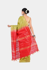 Vibrant Olive Green Ghicha Silk Saree with Zari & Red Pallu