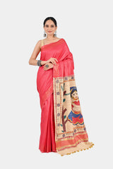 Coral Pink Eri Silk Saree with Hand-Painted Madhubani Art Pallu | Artistic Handwoven