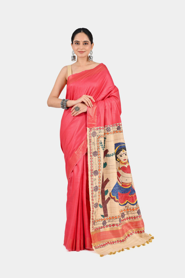Coral Pink Eri Silk Saree with Hand-Painted Madhubani Art Pallu | Artistic Handwoven