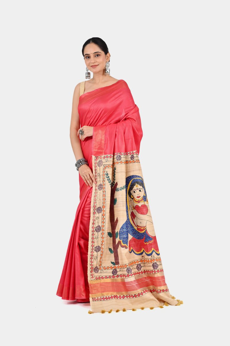 Coral Pink Eri Silk Saree with Hand-Painted Madhubani Art Pallu | Artistic Handwoven