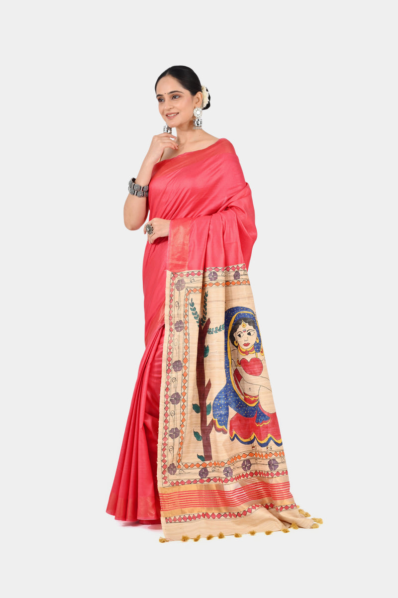 Coral Pink Eri Silk Saree with Hand-Painted Madhubani Art Pallu | Artistic Handwoven
