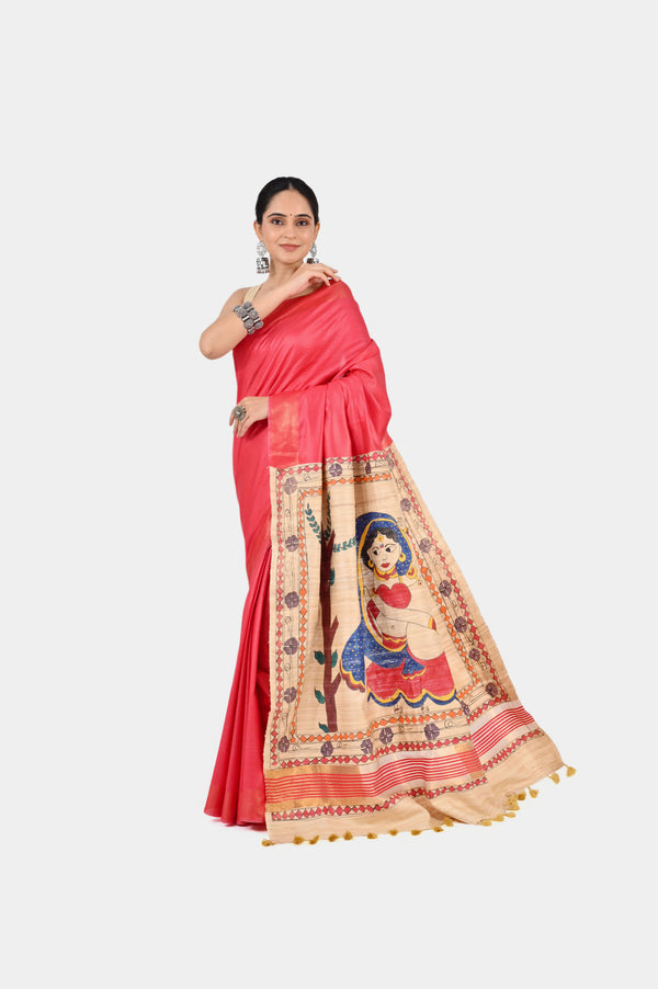 Coral Pink Eri Silk Saree with Hand-Painted Madhubani Art Pallu | Artistic Handwoven