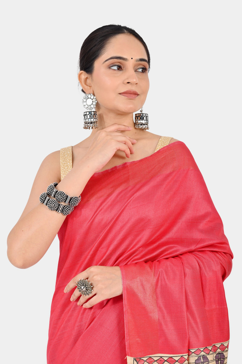 Coral Pink Eri Silk Saree with Hand-Painted Madhubani Art Pallu | Artistic Handwoven