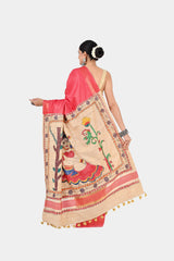 Coral Pink Eri Silk Saree with Hand-Painted Madhubani Art Pallu | Artistic Handwoven