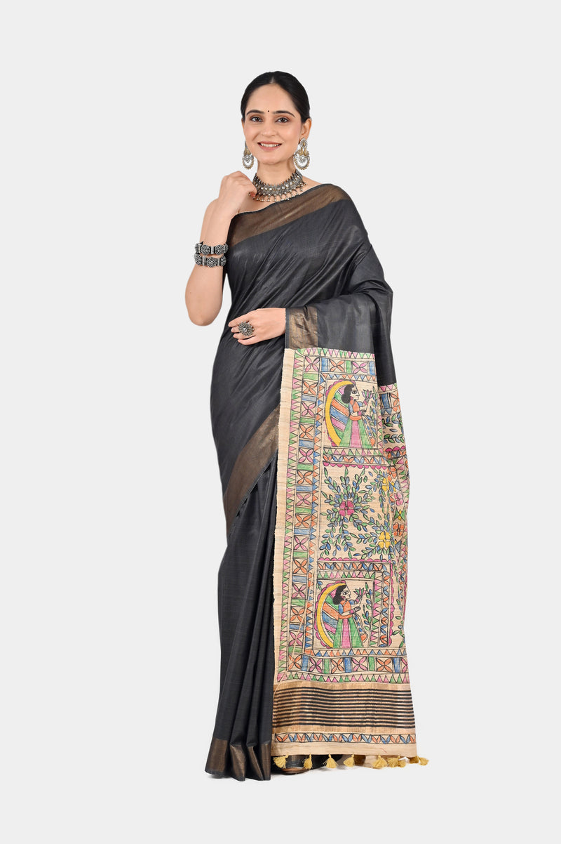 Charcoal Grey Eri Silk Saree with Hand-Painted Madhubani Pallu | Artisan Handwoven