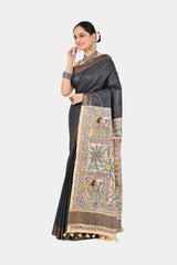 Charcoal Grey Eri Silk Saree with Hand-Painted Madhubani Pallu | Artisan Handwoven