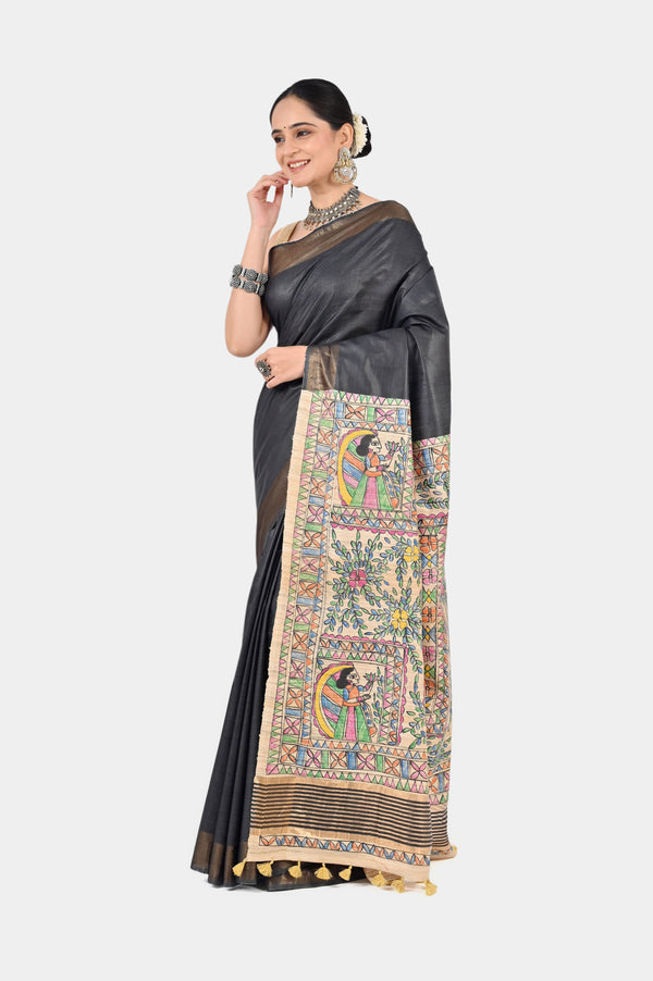 Charcoal Grey Eri Silk Saree with Hand-Painted Madhubani Pallu | Artisan Handwoven