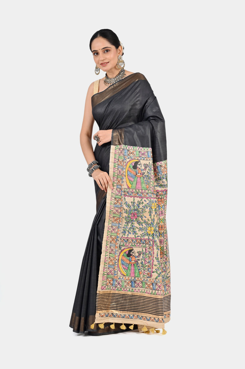Charcoal Grey Eri Silk Saree with Hand-Painted Madhubani Pallu | Artisan Handwoven