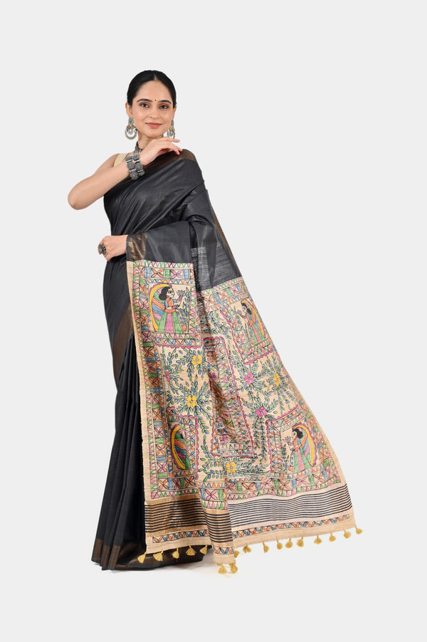Charcoal Grey Eri Silk Saree with Hand-Painted Madhubani Pallu | Artisan Handwoven