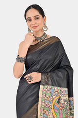 Charcoal Grey Eri Silk Saree with Hand-Painted Madhubani Pallu | Artisan Handwoven