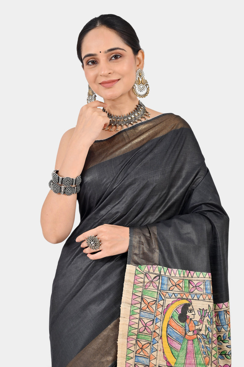 Charcoal Grey Eri Silk Saree with Hand-Painted Madhubani Pallu | Artisan Handwoven