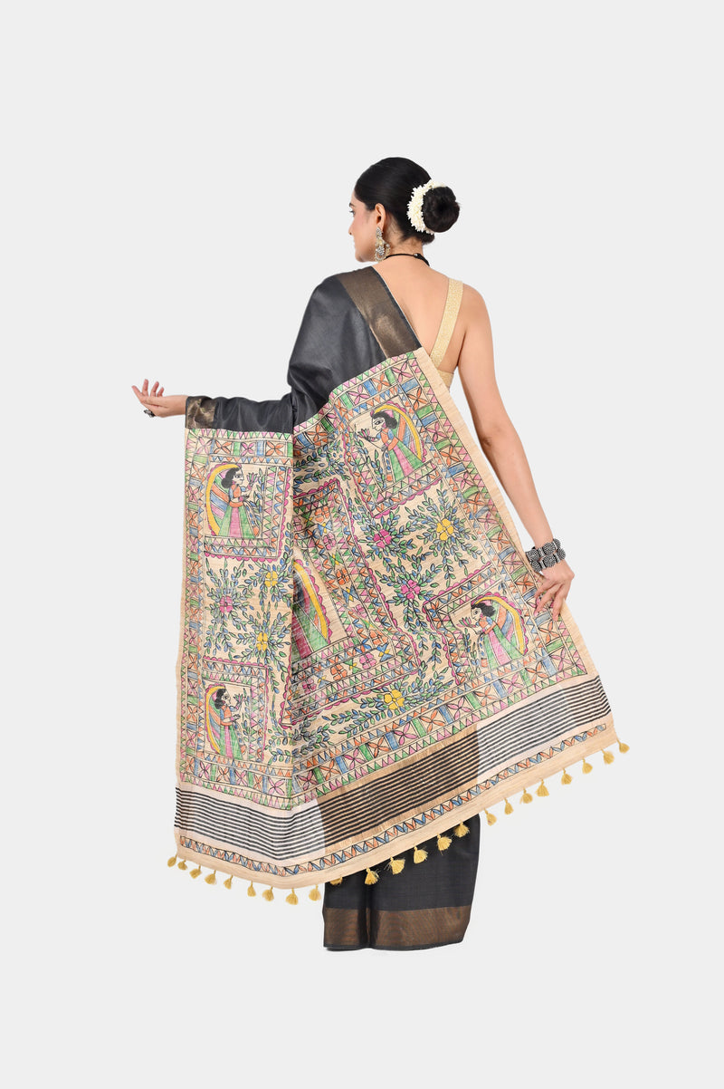 Charcoal Grey Eri Silk Saree with Hand-Painted Madhubani Pallu | Artisan Handwoven