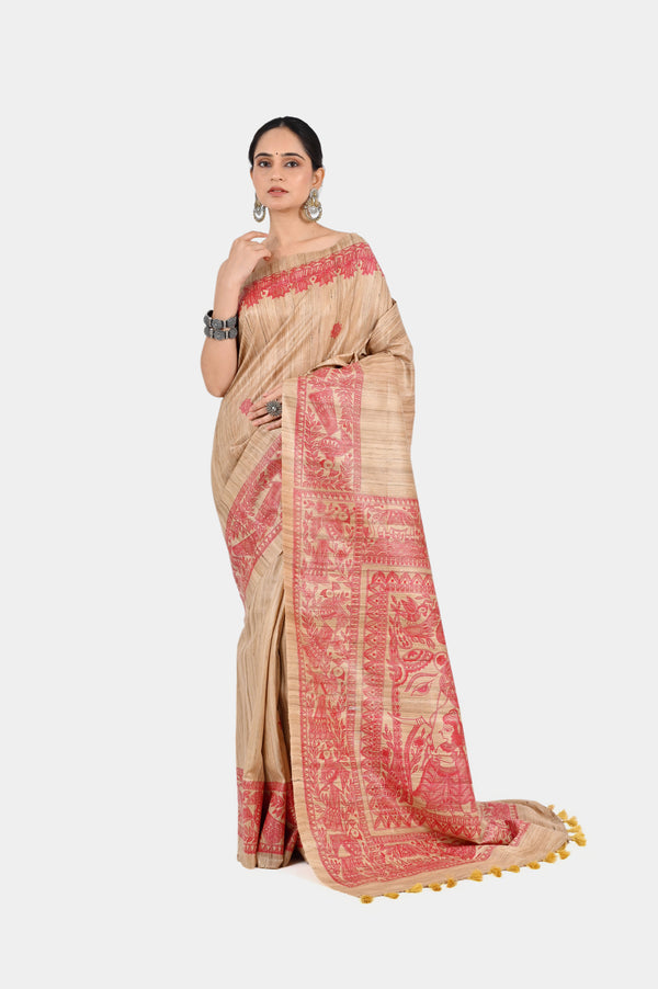Beige Ghicha Silk Saree with Hand-Painted Red Madhubani Art