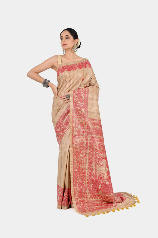 Beige Ghicha Silk Saree with Hand-Painted Red Madhubani Art