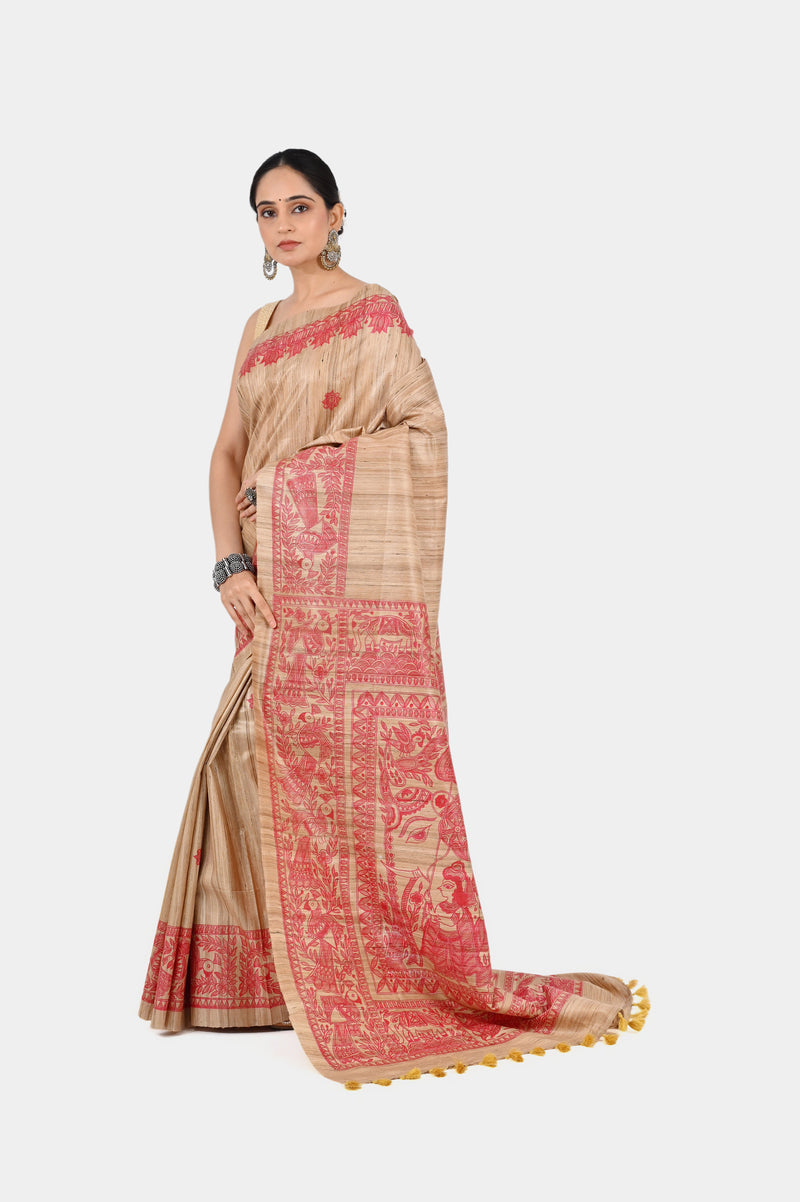 Beige Ghicha Silk Saree with Hand-Painted Red Madhubani Art