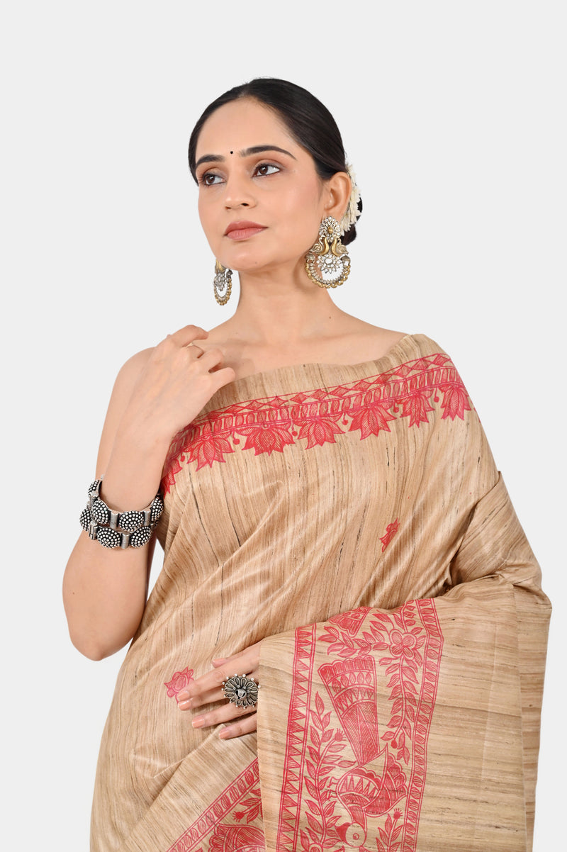Beige Ghicha Silk Saree with Hand-Painted Red Madhubani Art