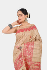 Beige Ghicha Silk Saree with Hand-Painted Red Madhubani Art