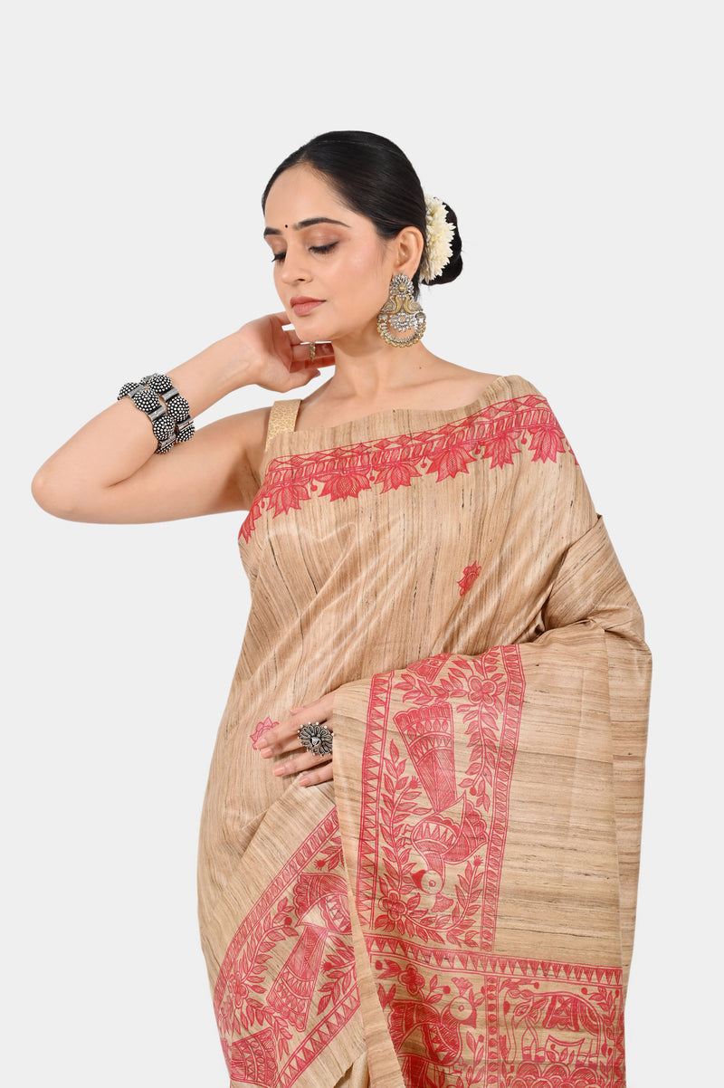 Beige Ghicha Silk Saree with Hand-Painted Red Madhubani Art