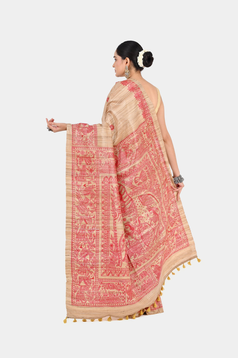 Beige Ghicha Silk Saree with Hand-Painted Red Madhubani Art