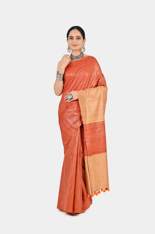 Rust Orange & Beige Ghicha Silk Saree with Striped Pallu