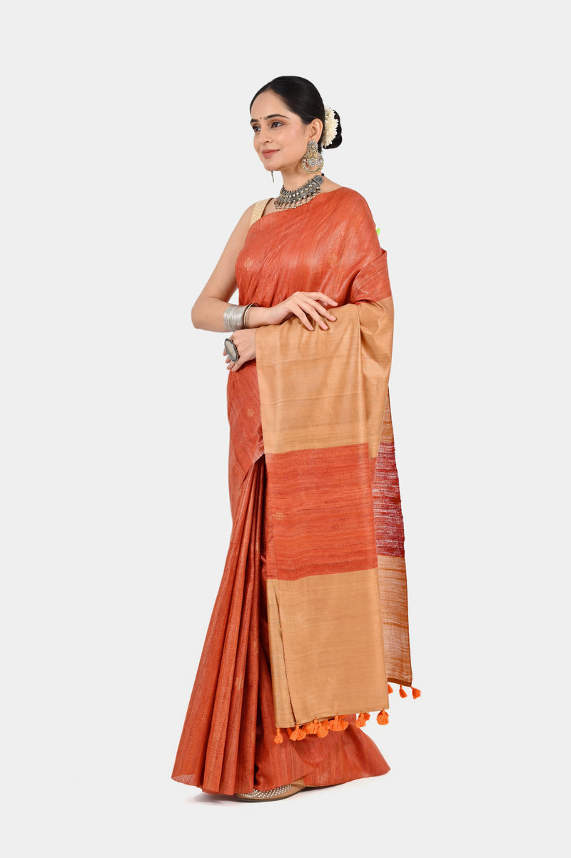 Rust Orange & Beige Ghicha Silk Saree with Striped Pallu