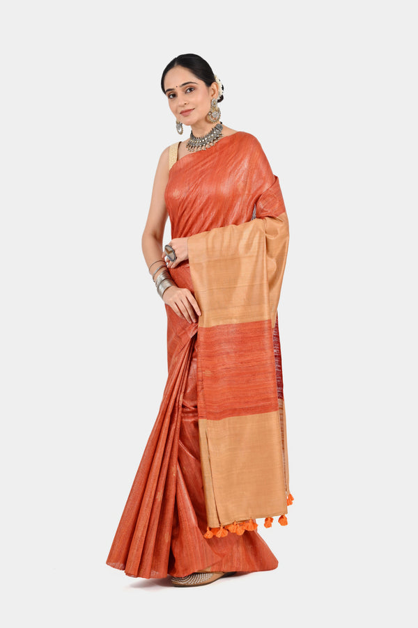 Rust Orange & Beige Ghicha Silk Saree with Striped Pallu