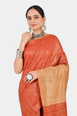 Rust Orange & Beige Ghicha Silk Saree with Striped Pallu