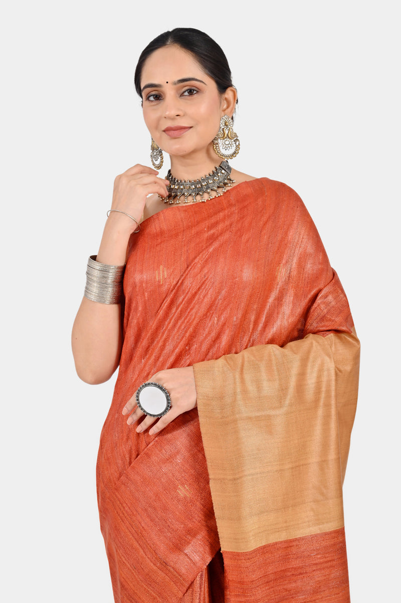 Rust Orange & Beige Ghicha Silk Saree with Striped Pallu