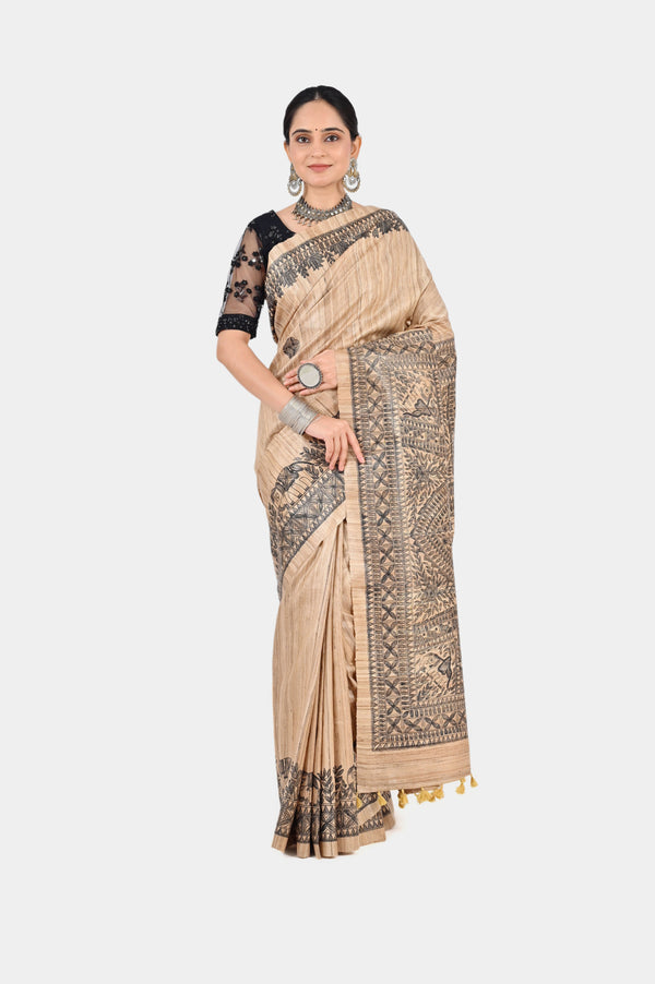 Exquisite Beige Ghicha Silk Saree with Hand-Painted Art Border & Pallu