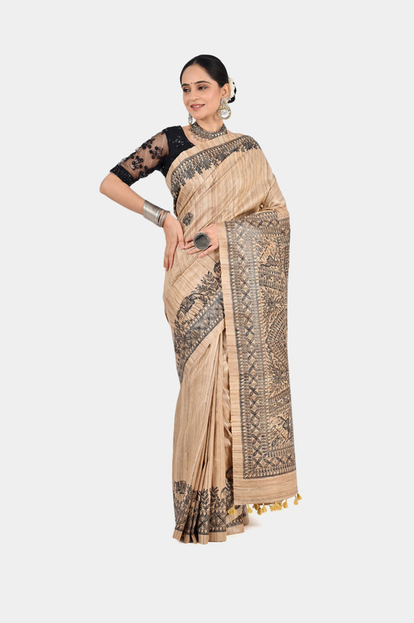 Exquisite Beige Ghicha Silk Saree with Hand-Painted Art Border & Pallu