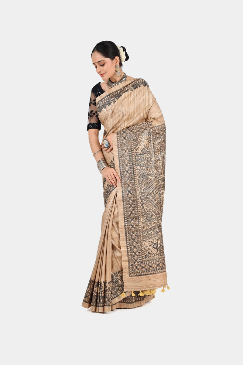Exquisite Beige Ghicha Silk Saree with Hand-Painted Art Border & Pallu