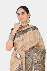 Exquisite Beige Ghicha Silk Saree with Hand-Painted Art Border & Pallu