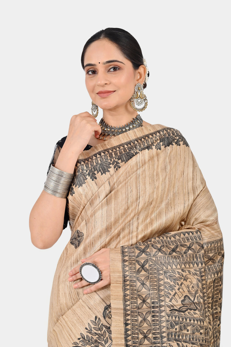 Exquisite Beige Ghicha Silk Saree with Hand-Painted Art Border & Pallu