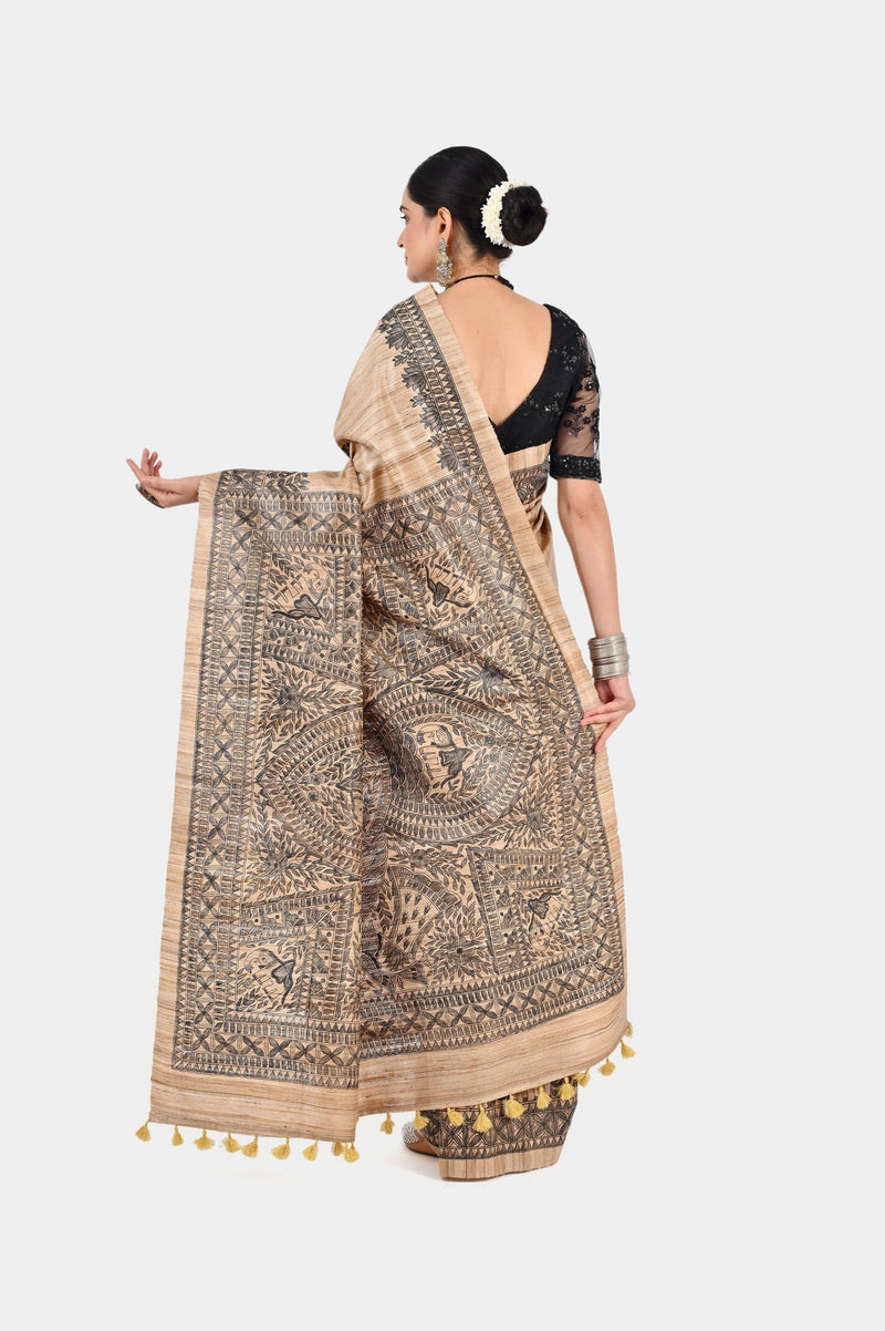 Exquisite Beige Ghicha Silk Saree with Hand-Painted Art Border & Pallu