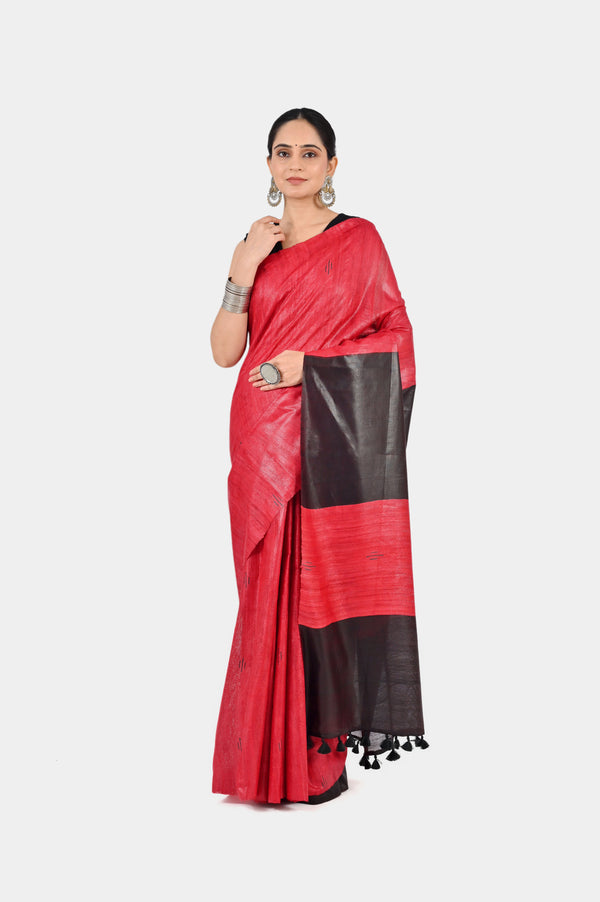 Bold Red & Black Ghicha Silk Saree with Striped Pallu | Handwoven Festive Wear