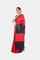 Bold Red & Black Ghicha Silk Saree with Striped Pallu | Handwoven Festive Wear