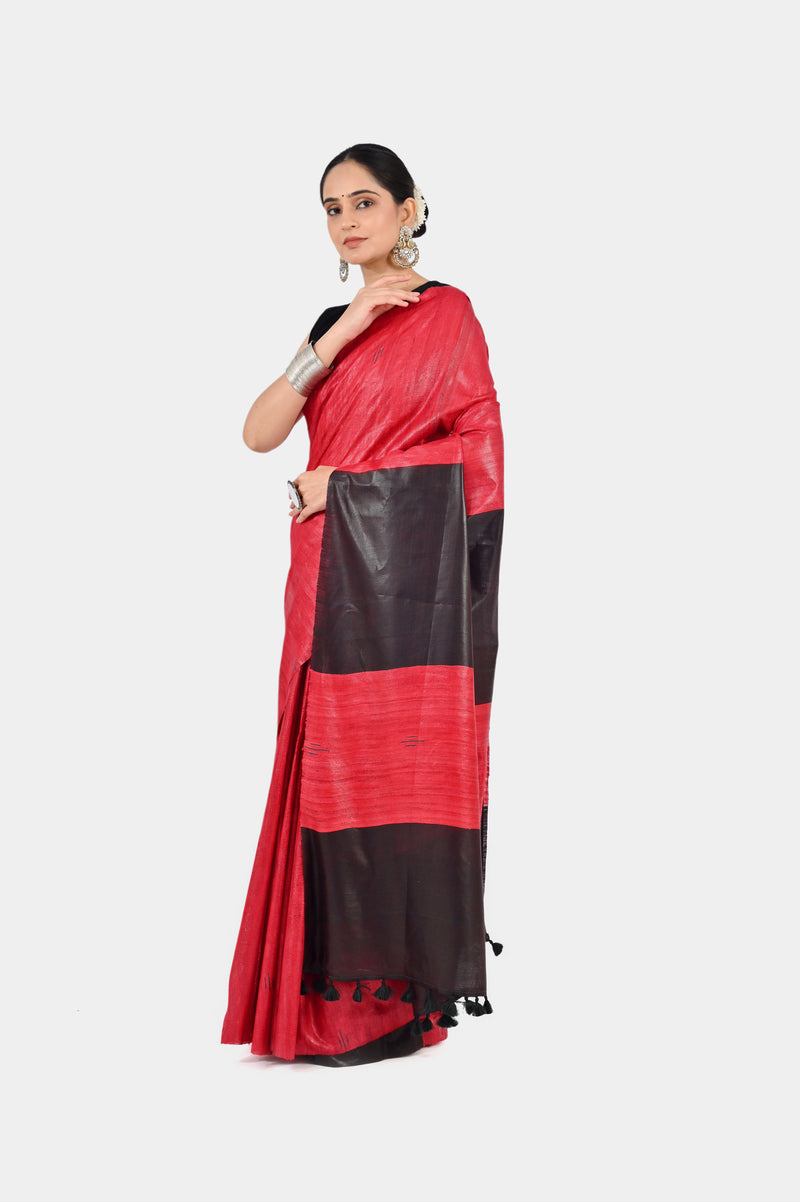 Bold Red & Black Ghicha Silk Saree with Striped Pallu | Handwoven Festive Wear
