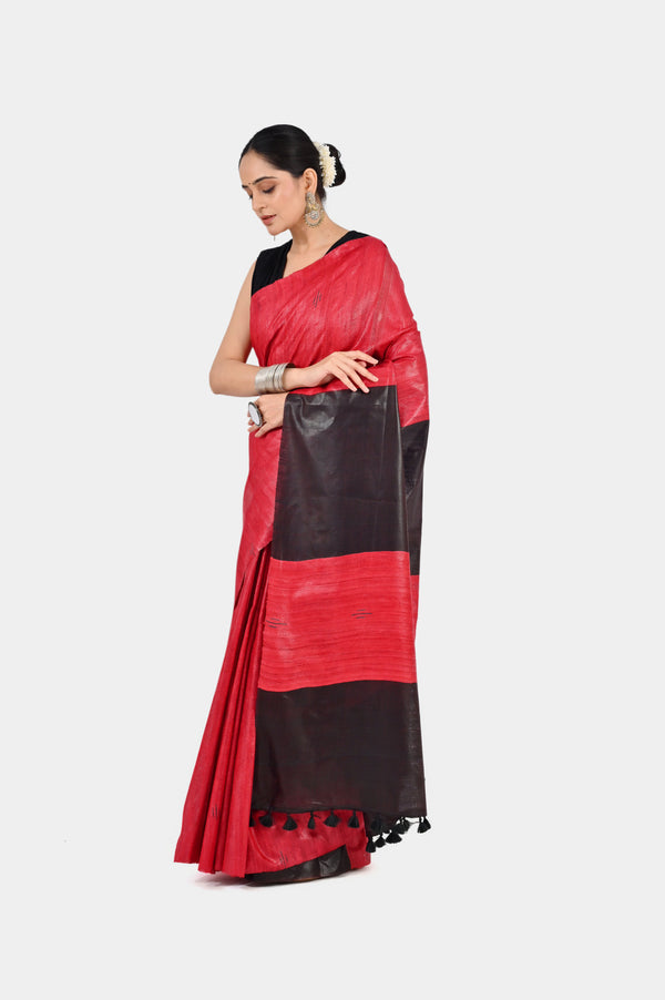 Bold Red & Black Ghicha Silk Saree with Striped Pallu | Handwoven Festive Wear