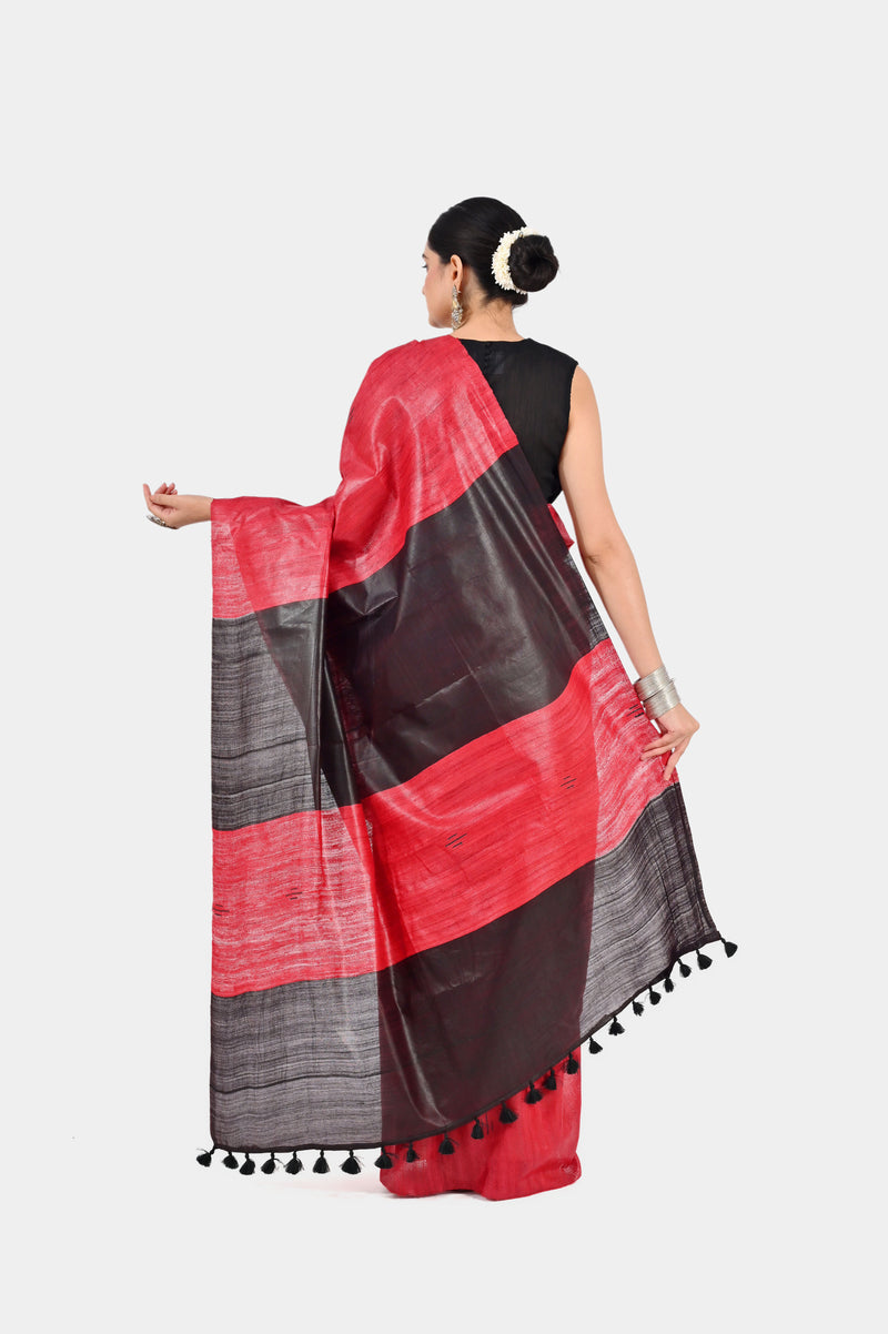 Bold Red & Black Ghicha Silk Saree with Striped Pallu | Handwoven Festive Wear