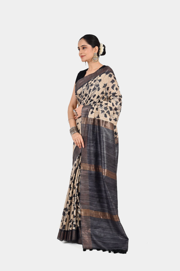 Elegant Beige & Black Ghicha Silk Saree with Floral Print & Zari | Handwoven