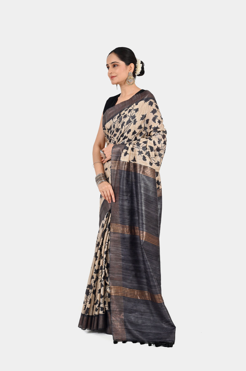 Elegant Beige & Black Ghicha Silk Saree with Floral Print & Zari | Handwoven