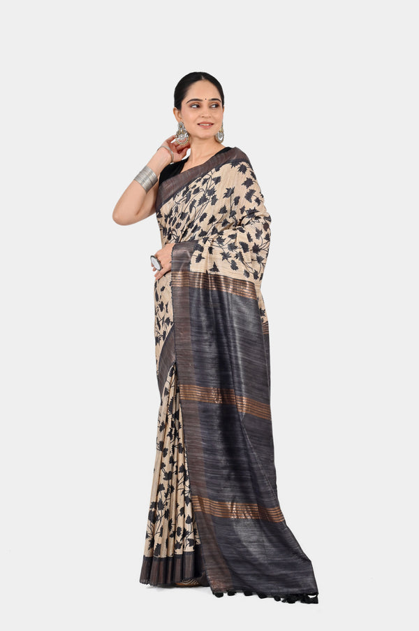 Elegant Beige & Black Ghicha Silk Saree with Floral Print & Zari | Handwoven