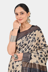 Elegant Beige & Black Ghicha Silk Saree with Floral Print & Zari | Handwoven