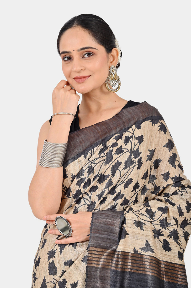 Elegant Beige & Black Ghicha Silk Saree with Floral Print & Zari | Handwoven