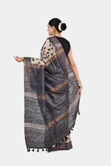 Elegant Beige & Black Ghicha Silk Saree with Floral Print & Zari | Handwoven