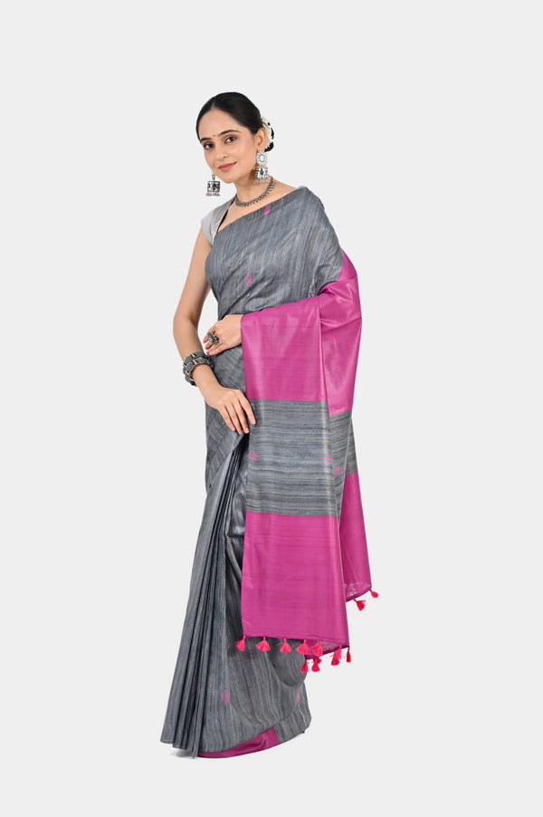 Stylish Grey & Pink Ghicha Silk Saree | Handwoven Dual Tone Saree